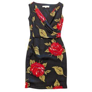 TRINA TURK 100% Silk Surplice Dress 2 Floral Black Red Roses Leaves Sleeveless